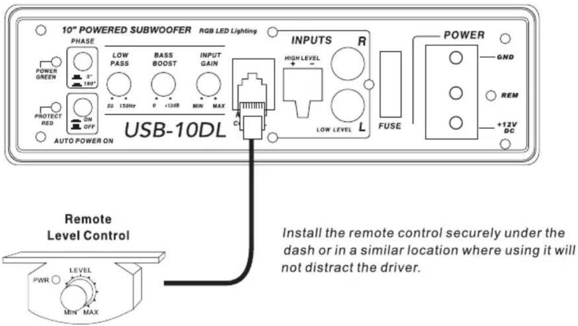10" POWERED SUBWOOFER RGB LED Lighting PHASE POWER GREEN 0~ 180° PROTECT RED ON OFF AUTO POWER ON USB-10DL INPUTS R HIGH LEVEL - LOW LEVEL L FUSE POWER GND REM +12V DC Remote Level Control PWR LEVEL MIN MAX Install the remote control securely under the dash or in a similar location where using it will not distract the driver.