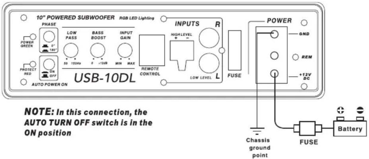 10" POWERED SUBWOOFER RGB LED Lighting PHASE LOW PASS BASS BOOST INPUT GAIN 50 150Hz 0 +726B MIN MAX OUTPUTS R REMOTE CONTROL LOW LEVEL L FUSE POWER GND REM +12V DC AUTO POWER ON USB-10DL NOTE: In this connection, the AUTO TURN OFF switch is in the ON position Chassis ground point FUSE Battery