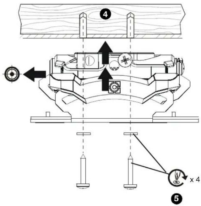 Technical diagram of a mechanical assembly with numbered components and directional arrows indicating motion or movement.