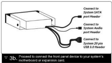 Connect to System SATA port Header Connect to System Audio port Header Connect to System 20 pin USB 3.0 Header 3b. Proceed to connect the front panel device to your system's motherboard or expansion card.