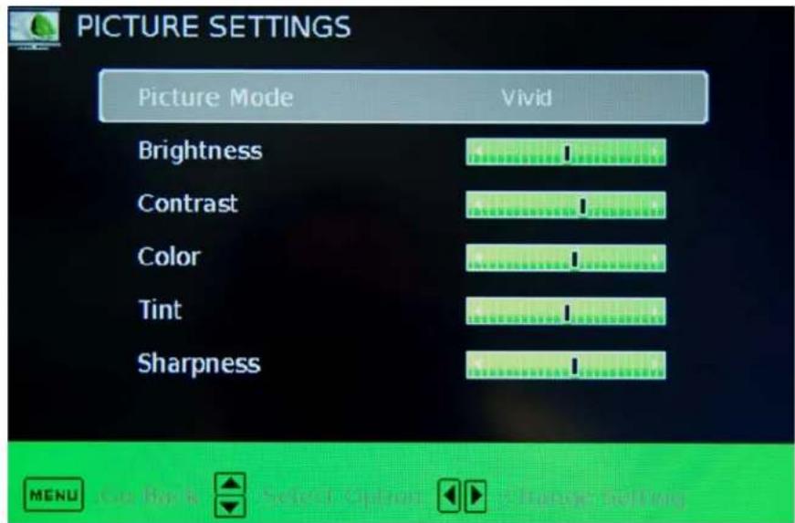 PICTURE SETTINGS Picture Mode Vivid Brightness Contrast Color Tint Sharpness