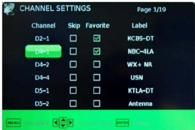 CHANNEL SETTINGS Page 1/19 Channel Skip Favorite Label D2-1 □ ✓ KCBS-DT D4-1 □ ✓ NBC-4LA D4-2 □ □ WX+ NR D4-4 □ □ USN D5-1 □ □ KTLA-DT D5-2 □ □ Antenna MENU OK Lock Cancel Enter