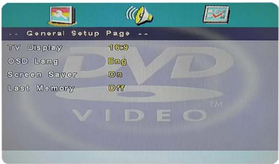 -- General Setup Page -- TV Display 16:9 OSD Lang Eng Screen Saver On Last Memory Off