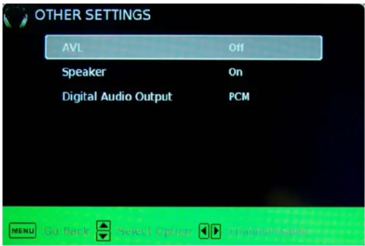 OTHER SETTINGS AVL Off Speaker On Digital Audio Output PCM MENU Go Back Select Option Display Settings