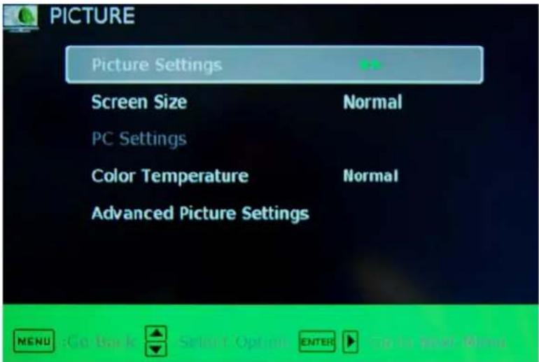 PICTURE Picture Settings Screen Size Normal PC Settings Color Temperature Normal Advanced Picture Settings MENU Go Back Select Option ENTER Tip to Power Mount