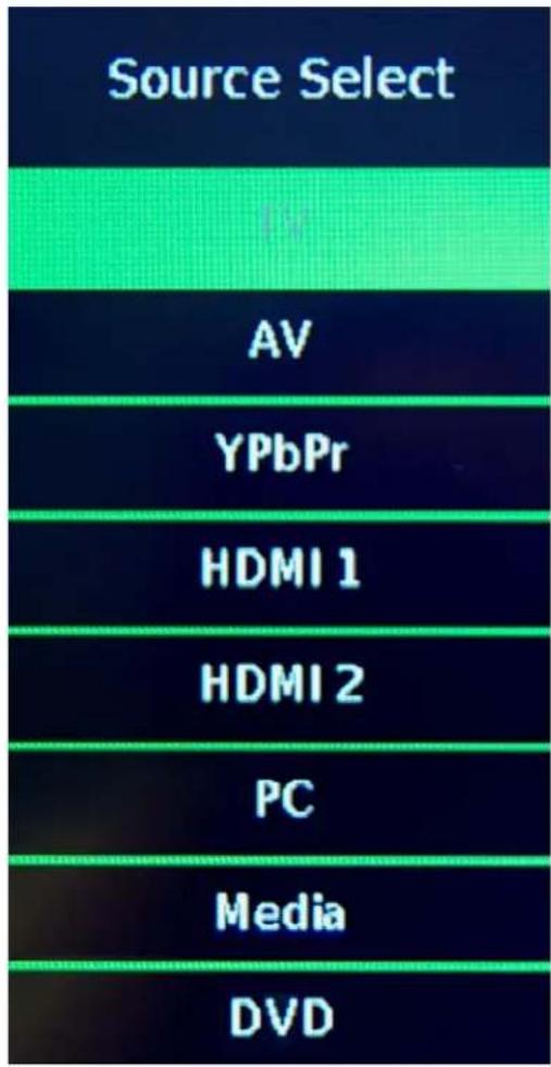 Source Select AV YPbPr HDMI 1 HDMI 2 PC Media DVD
