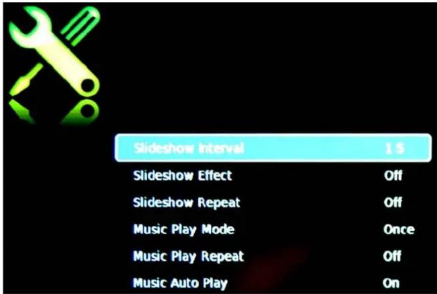 Slideshow Interval 15 Slideshow Effect Off Slideshow Repeat Off Music Play Mode Once Music Play Repeat Off Music Auto Play On