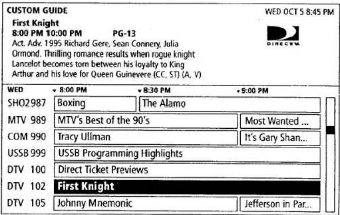 CUSTOM GUIDE WED OCT 5 8:45 PM First Knight 8:00 PM 10:00 PM PG-13 Act. Adv. 1995 Richard Gere, Sean Connery, Julia Ormond. Thrilling romance results when rogue knight Lancelot becomes torn between his loyalty to King Arthur and his love for Queen Guinevere (CC, ST) (A, V) WED ▼ 8:00 PM ▼ 8:30 PM ▼ 9:00 PM SHO2987 Boxing The Alamo MTV 989 MTV's Best of the 90's Most Wanted ... COM 990 Tracy Ullman It's Gary Shan... USSB 999 USSB Programming Highlights DTV 100 Direct Ticket Previews DTV 102 First Knight DTV 105 Johnny Mnemonic Jefferson in Par...