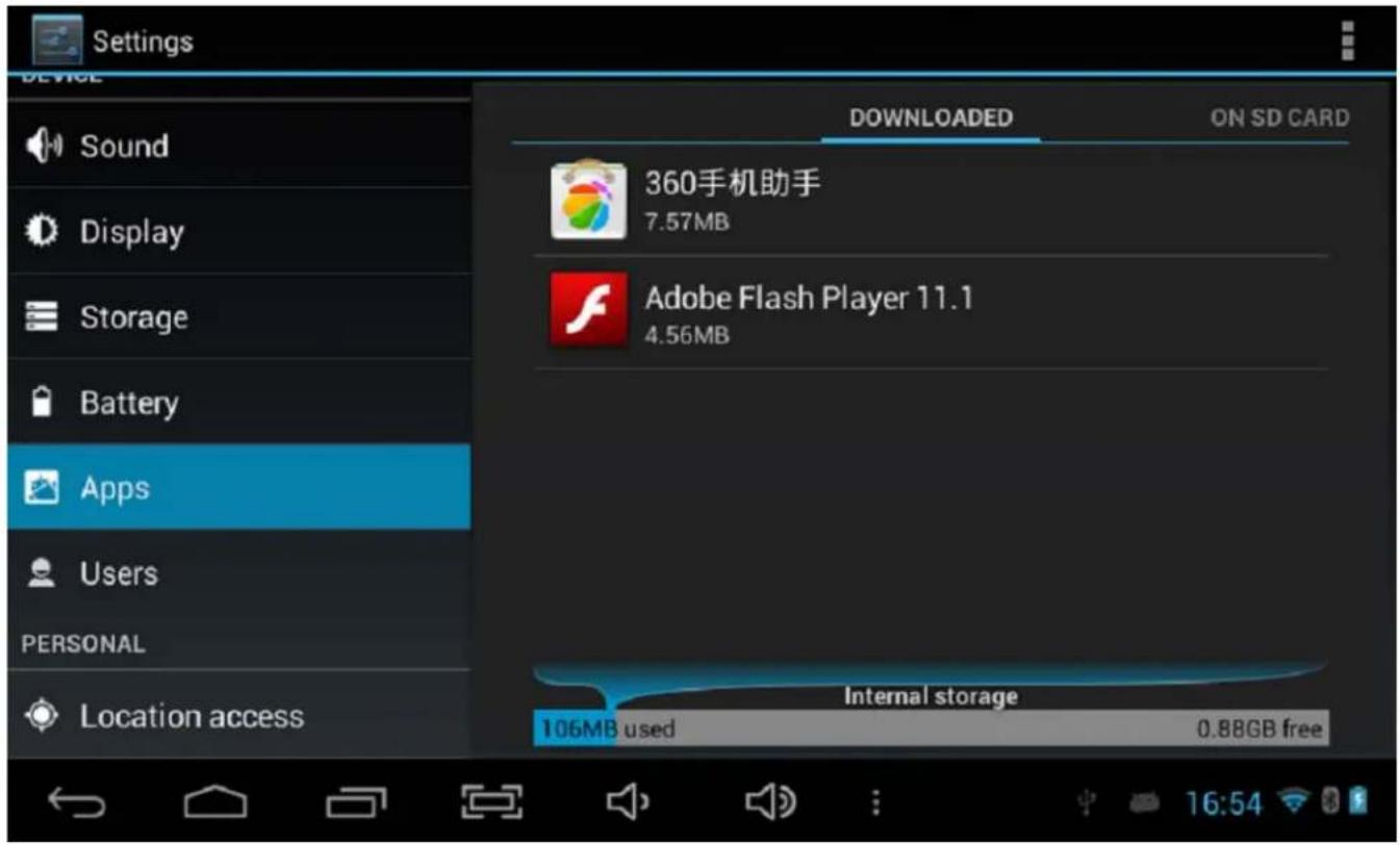 Settings DEVICE Sound Display Storage Battery Apps Users PERSONAL Location access DOWNLOADED ON SD CARD 360手机助手 7.57MB Adobe Flash Player 11.1 4.56MB Internal storage 106MB used 0.88GB free