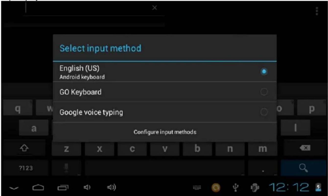 Select input method English (US) Android keyboard GO Keyboard Google voice typing Configure input methods