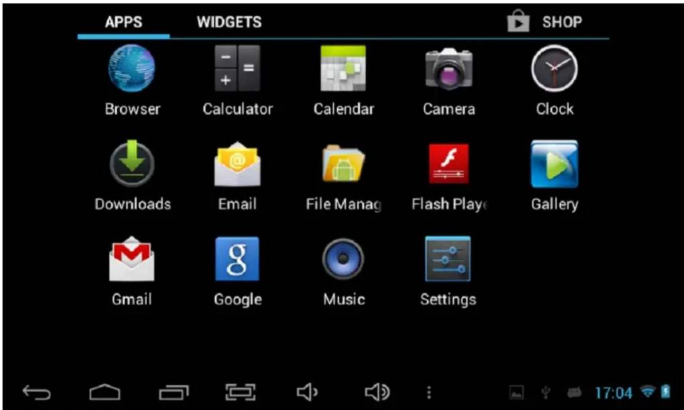 APPS WIDGETS SHOP Browser Calculator Calendar Camera Clock Downloads Email File Manag Flash Playe Gallery Gmail Google Music Settings
