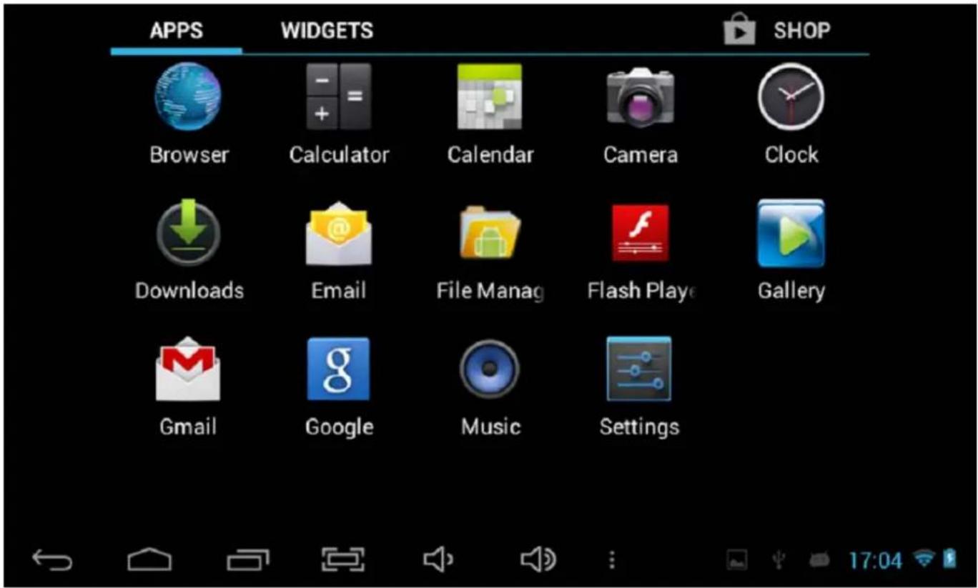 APPS WIDGETS SHOP Browser Calculator Calendar Camera Clock Downloads Email File Manag Flash Play Gallery Gmail Google Music Settings