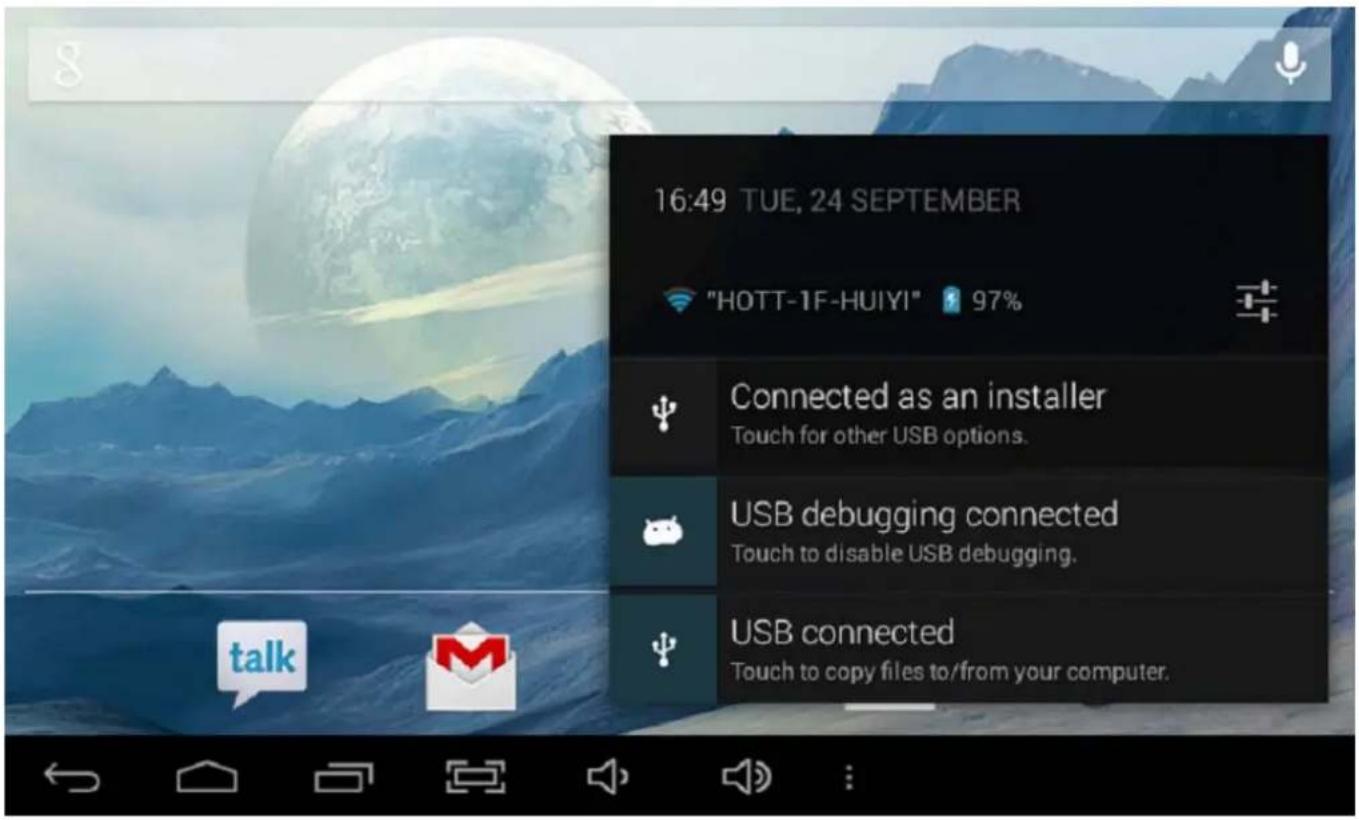 16:49 TUE, 24 SEPTEMBER "HOTT-1F-HUIYI" 97% Connected as an installer Touch for other USB options. USB debugging connected Touch to disable USB debugging. USB connected Touch to copy files to/from your computer.