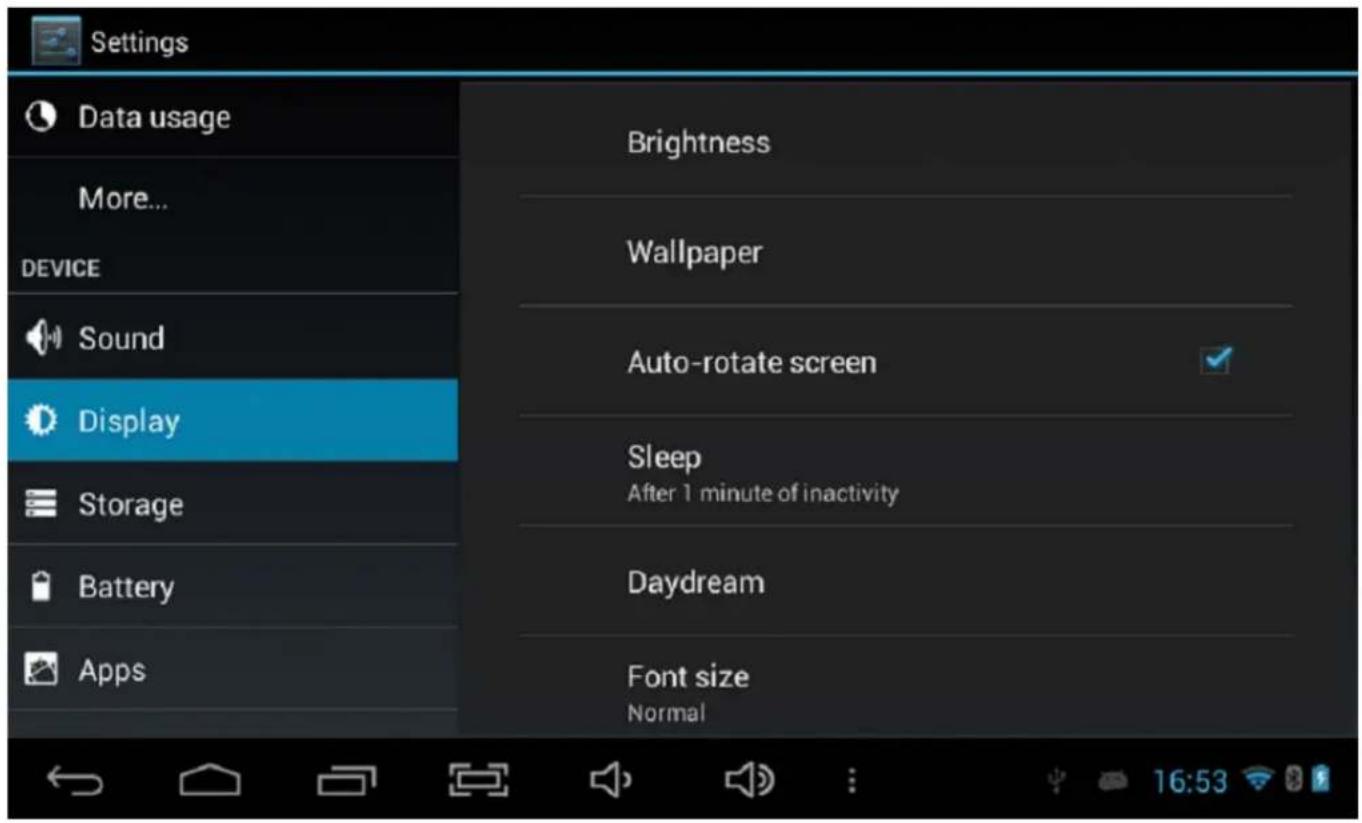 Settings Data usage More... DEVICE Sound Display Storage Battery Apps Brightness Wallpaper Auto-rotate screen Sleep After 1 minute of inactivity Daydream Font size Normal