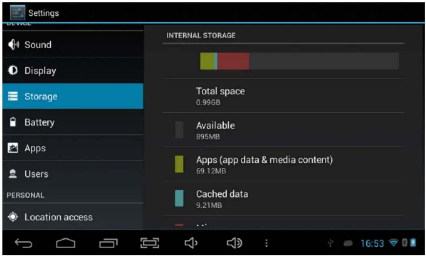 Settings DEVICE Sound Display Storage Battery Apps Users PERSONAL Location access INTERNAL STORAGE Total space 0.99GB Available 895MB Apps (app data & media content) 69.12MB Cached data 9.21MB