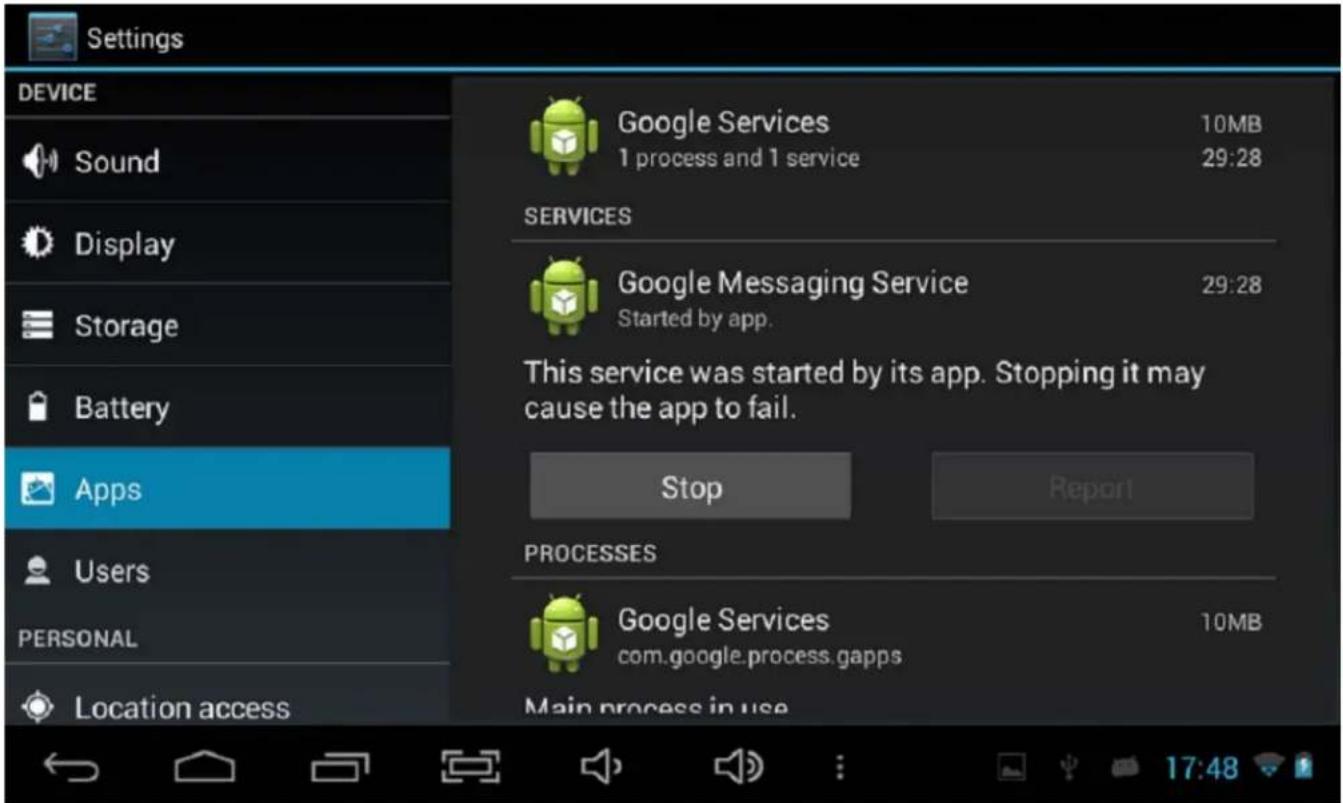 Settings DEVICE Sound Display Storage Battery Apps Users PERSONAL Location access Google Services 10MB 1 process and 1 service 29:28 SERVICES Google Messaging Service 29:28 Started by app. This service was started by its app. Stopping it may cause the app to fail. Stop Report PROCESSES Google Services 10MB com.google.process.gapps Main process in use