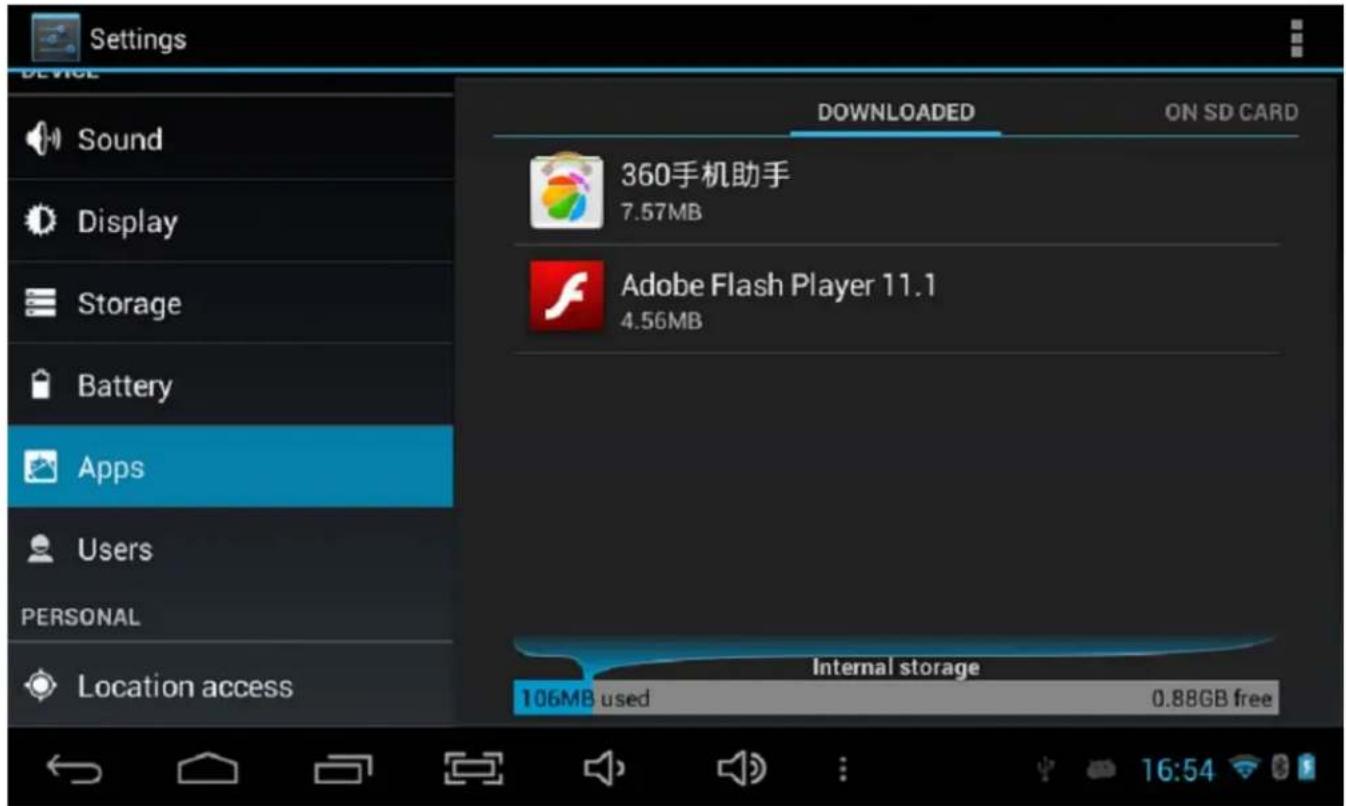 Settings DEVICE Sound Display Storage Battery Apps Users PERSONAL Location access DOWNLOADED ON SD CARD 360手机助手 7.57MB Adobe Flash Player 11.1 4.56MB Internal storage 106MB used 0.88GB free