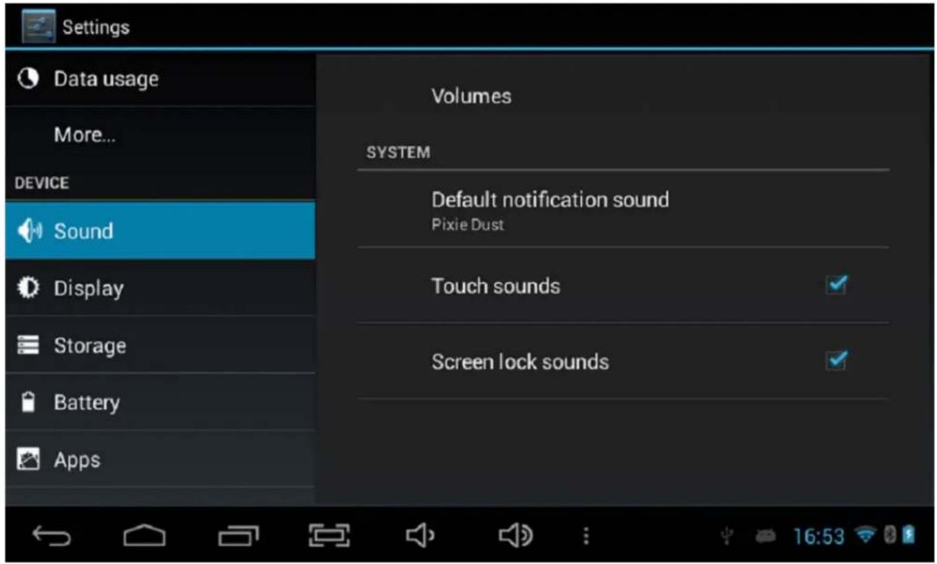 Settings Data usage More... DEVICE Sound Display Storage Battery Apps Volumes SYSTEM Default notification sound Pixie Dust Touch sounds Screen lock sounds