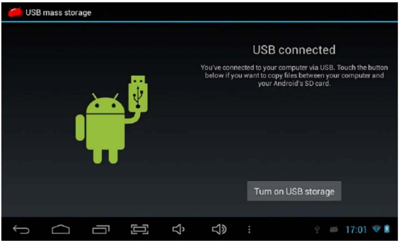 USB mass storage USB connected You've connected to your computer via USB. Touch the button below if you want to copy files between your computer and your Android's SD card. Turn on USB storage