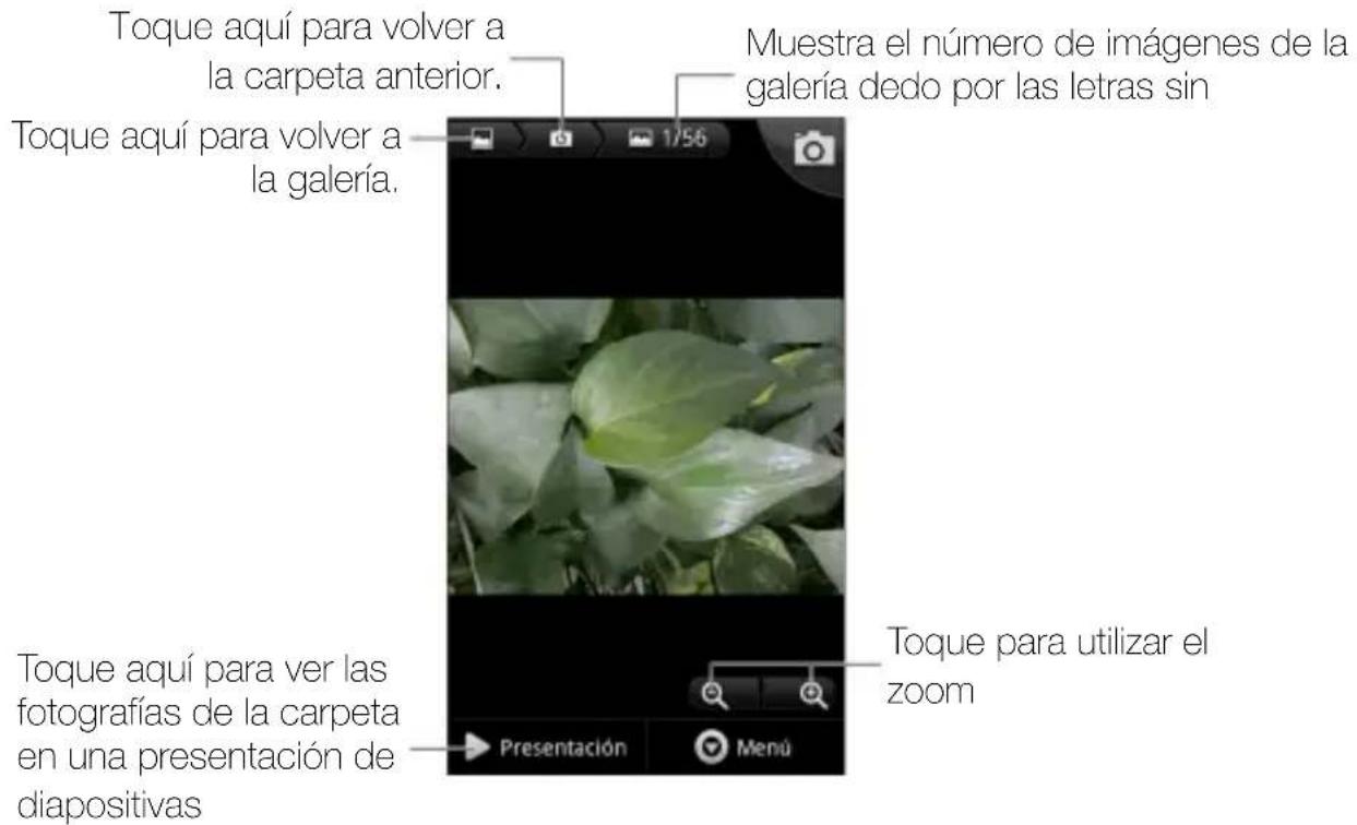 Toque aquí para volver a la carpeta anterior. Toque aquí para volver a la galería. Muestra el número de imágenes de la galería dedo por las letras sin Toque aquí para ver las fotografías de la carpeta en una presentación de diapositivas Presentación Menú Toque para utilizar el zoom