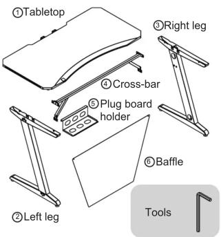 ①Tabletop ②Left leg ③Right leg ④Cross-bar ⑤Plug board holder ⑥Baffle Tools