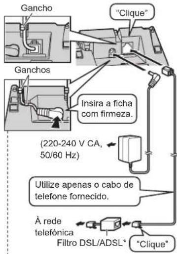 Gancho "Glicque" Ganchos Insira a ficha com firmeza. (220-240 V CA, 50/60 Hz) Utilize apenas o cabo de telefone fornecido. À rede telefónica Filtro DSL/ADSL* "Clique"