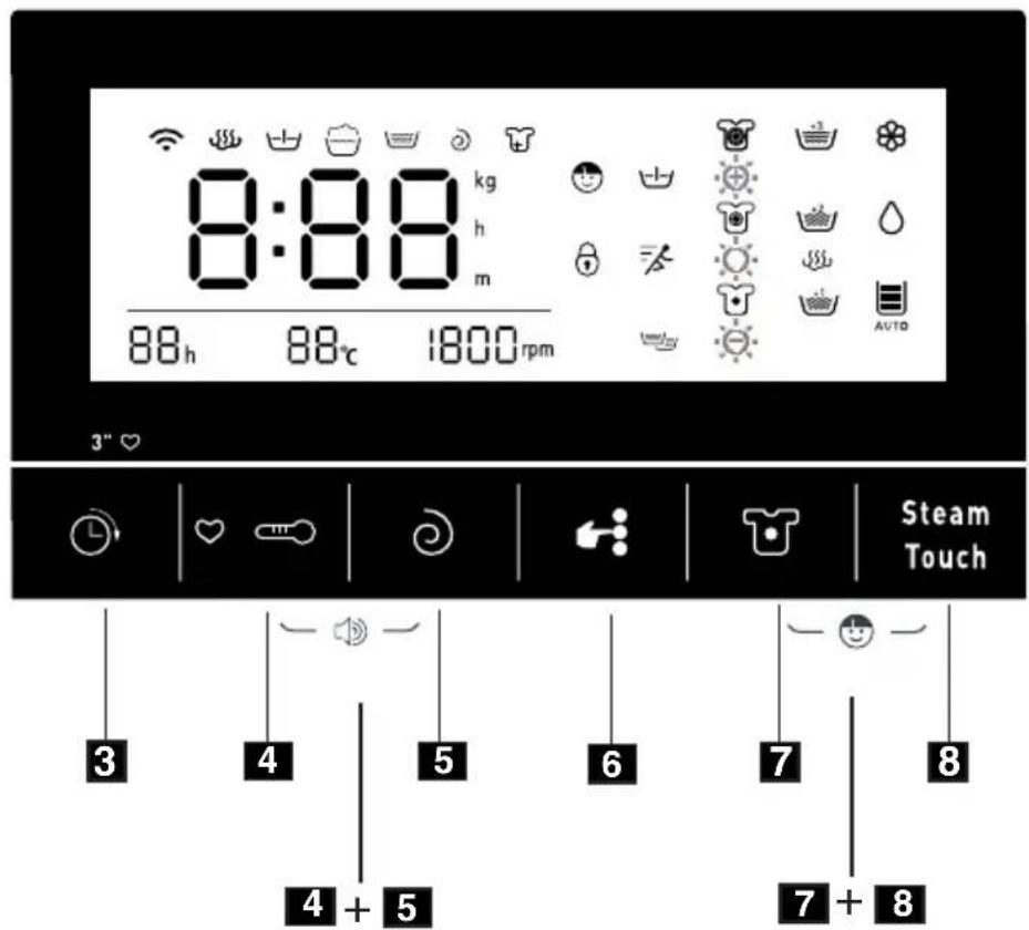 8:00 kg h m 88h 88℃ 1800rpm 3" ♥ Steam Touch 3 4 5 6 7 8 4 + 5 7 + 8