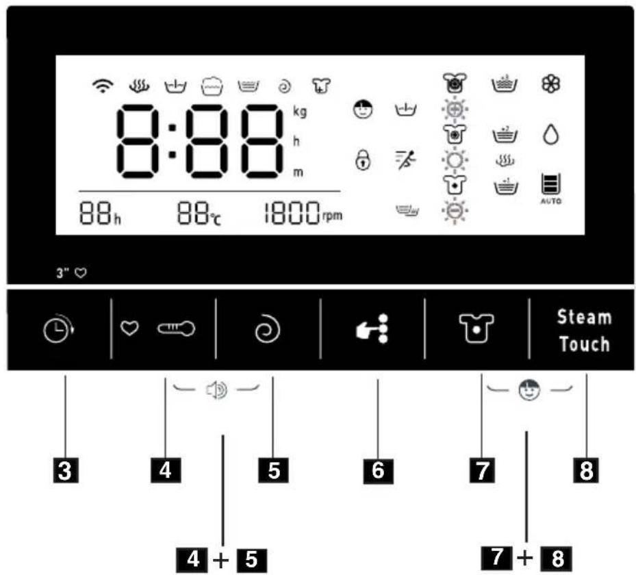 8:88 kg h m 88h 88℃ 1800rpm 3" ♥ Steam Touch 3 4 5 6 7 8 4 + 5 7 + 8