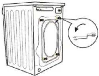 Diagram of a washing machine with labeled components and a magnified view showing a wrench tool.