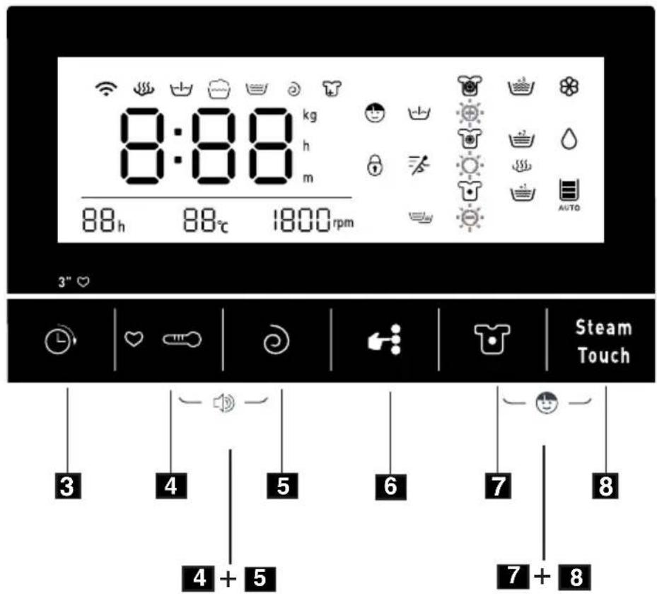 8:88 kg h m 88h 88℃ 1800rpm 3" ♥ Steam Touch 3 4 5 6 7 8 4 + 5 7 + 8