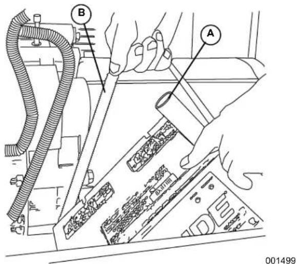 Technical diagram showing hands operating a mechanical device with labeled parts A and B, including a cable and component layout.