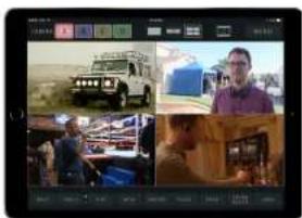 Screenshot of a video editing interface showing a video frame with a military vehicle, a photo of a man, and a scene with vehicles and equipment.