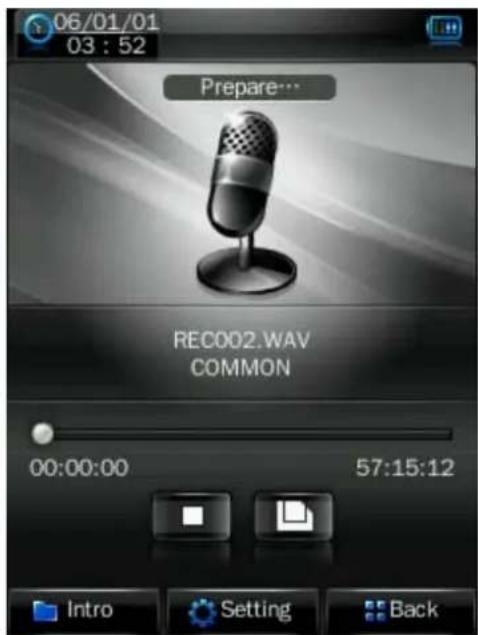 06/01/01 03:52 Prepare... REC002.WAV COMMON 00:00:00 57:15:12 Intro Setting Back