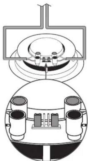 Diagram of a mechanical or electrical component with circular components and a top view showing internal structure (no text or symbols)