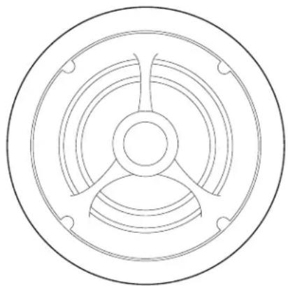 Pure technical line drawing of a circular mechanical component with concentric rings and central hub (no text or symbols)