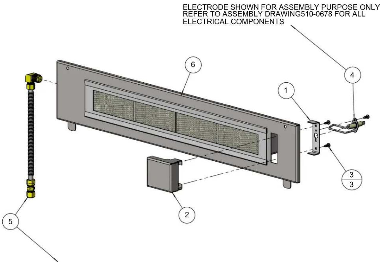 ELECTRODE SHOWN FOR ASSEMBLY PURPOSE ONLY REFER TO ASSEMBLY DRAWING510-0678 FOR ALL ELECTRICAL COMPONENTS