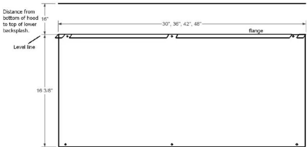 Distance from bottom of hood to top of lower backsplash. Level line 16" 30", 36", 42", 48" flange 16 3/8"