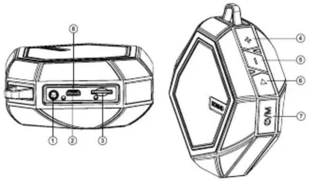 Technical diagram of a device rear panel with labeled components and internal ports