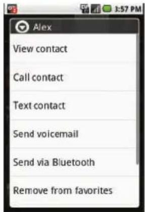 Alex View contact Call contact Text contact Send voicemail Send via Bluetooth Remove from favorites