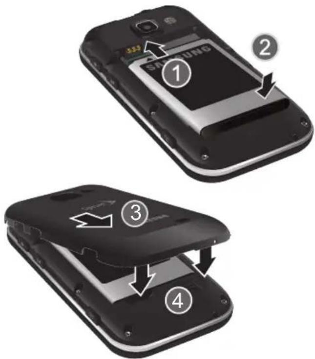 Diagram showing two views of a Samsung smartphone with labeled parts and arrows indicating internal components.
