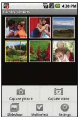 Camera pictures Capture picture Capture video Slideshow Multiselect Settings