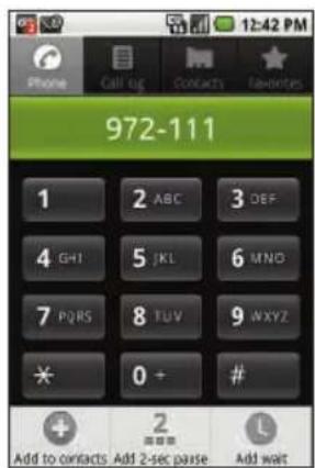 Phone Call up Contacts Favorites 972-111 1 2 ABC 3 DEF 4 GHT 5 JKL 6 MNO 7 PQRS 8 TUV 9 NXY2 * 0 + # Add to contacts Add 2-sec pause Add wait