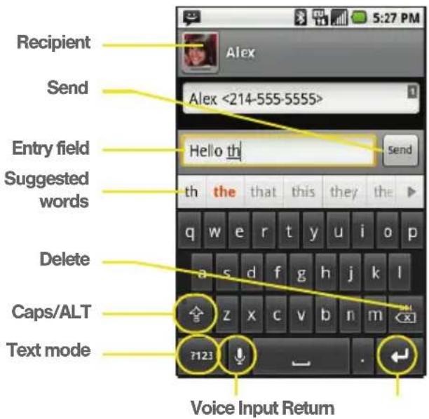Recipient Send Alex <214-555-5555> Entry field Hello th Suggested words th the that this they the q w e r t y u i o p Delete Caps/ALT z x c v b n m Text mode ?123 Voice Input Return