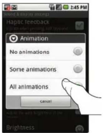 Sound & display settings Haptic feedback No animation Some animation All animation Cancel Brightness