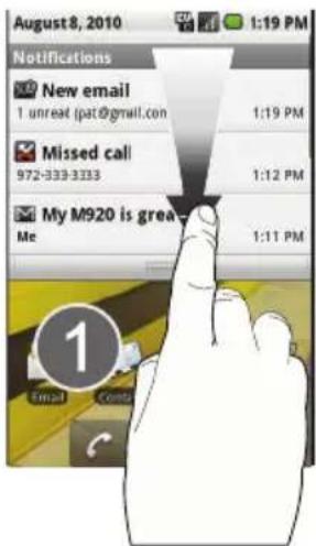 August 8, 2010 1:19 PM Notifications New email 1 unread (pat@gmail.com) 1:19 PM Missed call 972-333-3333 1:12 PM My M920 is great Me 1:11 PM 1 Email Cancel