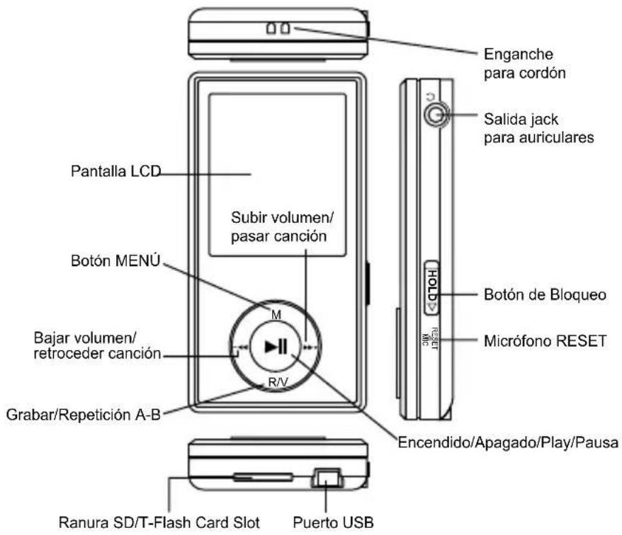 Pantalla LCD Subir volumen/ pasar canción Botón MENÚ Bajar volumen/ retroceder canción Grabar/Repetición A-B R/V Enganche para cordón Salida jack para auriculares Botón de Bloqueo Micrófono RESET Encendido/Apagado/Play/Pausa Ranura SD/T-Flash Card Slot Puerto USB