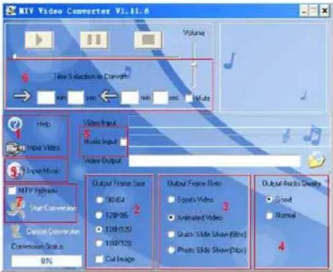 MTV Video Converter V1.11.6 Volume Time Selection to Convert min sec min sec Mute Help Input Video Video Input Music Input Video Output MTV Preview Start Conversion Cancel Conversion Conversion Status 0% Output Frame Size 98/64 128/95 128/120 160/125 Cut Image Output Frame Rate Sports Video Animated Video Quick Slide Show(Enter) Photo Slide Show(Enter) Output Audio Quality Good Normal 4