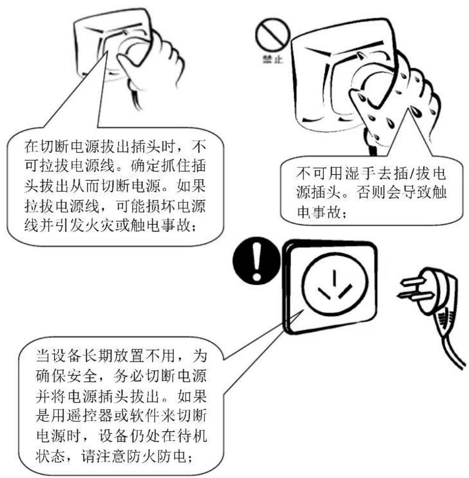 在切断电源拔出插头时，不可拉拔电源线。确定抓住插头拔出从而切断电源。如果拉拔电源线，可能损坏电源线并引发火灾或触电事故； 不可用湿手去插/拔电源插头。否则会导致触电事故； 当设备长期放置不用，为确保安全，务必切断电源并将电源插头拔出。如果是用遥控器或软件来切断电源时，设备仍处在待机状态，请注意防火防电；