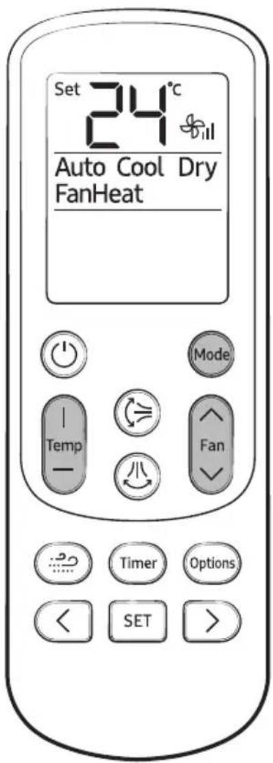 Set 24°C Auto Cool Dry FanHeat Mode Temp Fan Timer Options SET >
