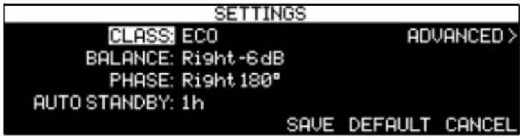 SETTINGS CLASS: ECO ADVANCED > BALANCE: Right -6 dB PHASE: Right 180° AUTO STANDBY: 1h SAVE DEFAULT CANCEL